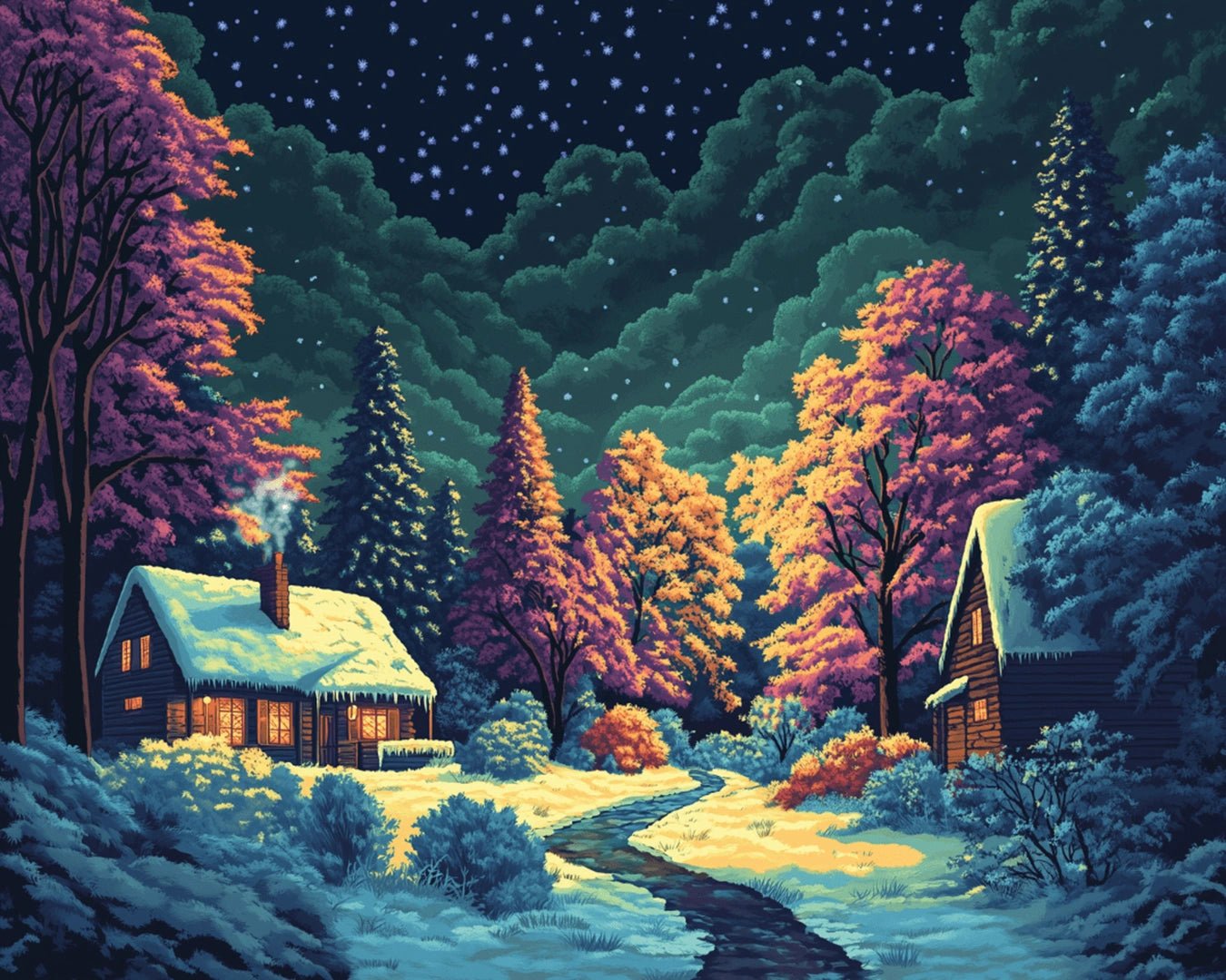 Raw landscape of Winter Night Cabin paint by numbers kit showing snow, trees, and warm lit cabins