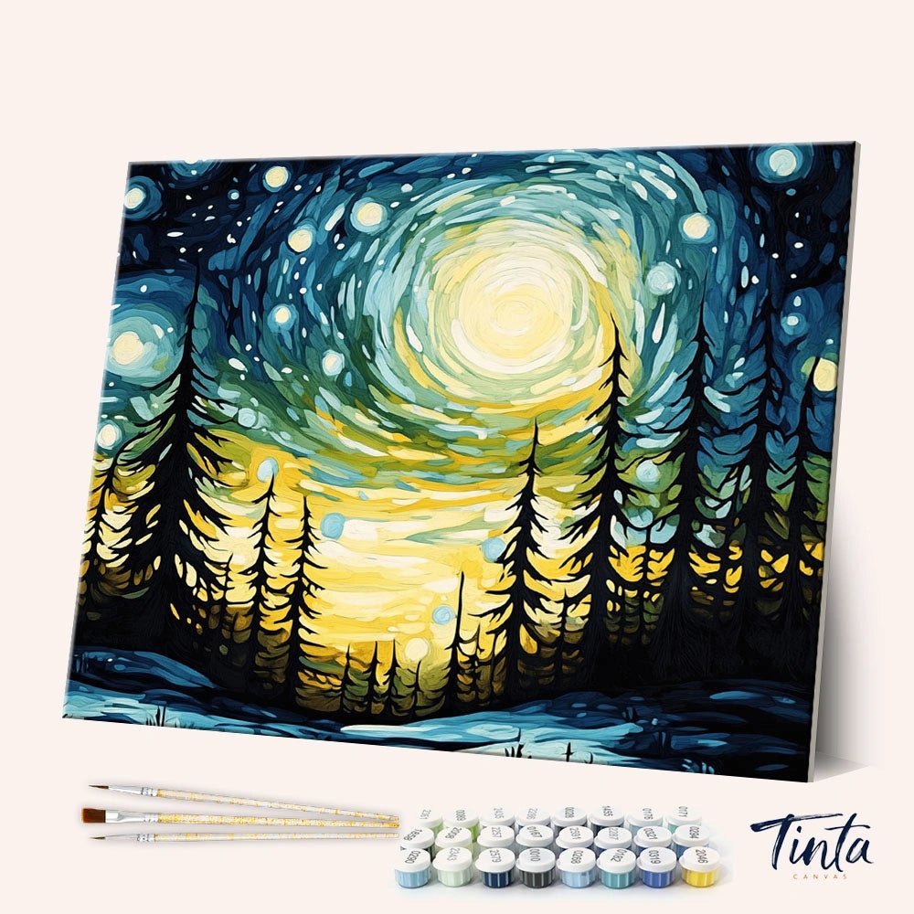 Winter Night paint by numbers kit angled view showing swirling moonlit sky above dark pine forest silhouettes
