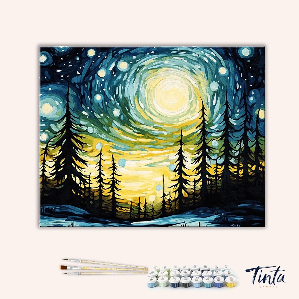 Clean artwork of Winter Night paint by numbers kit featuring glowing sky, stars, and tall winter trees