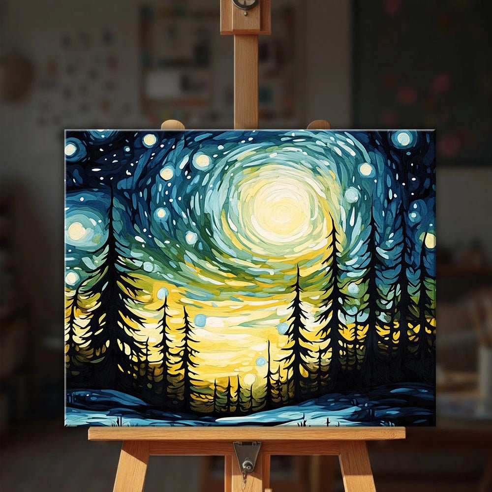 Winter Night paint by numbers kit displayed on easel with vibrant night sky and peaceful forest scene