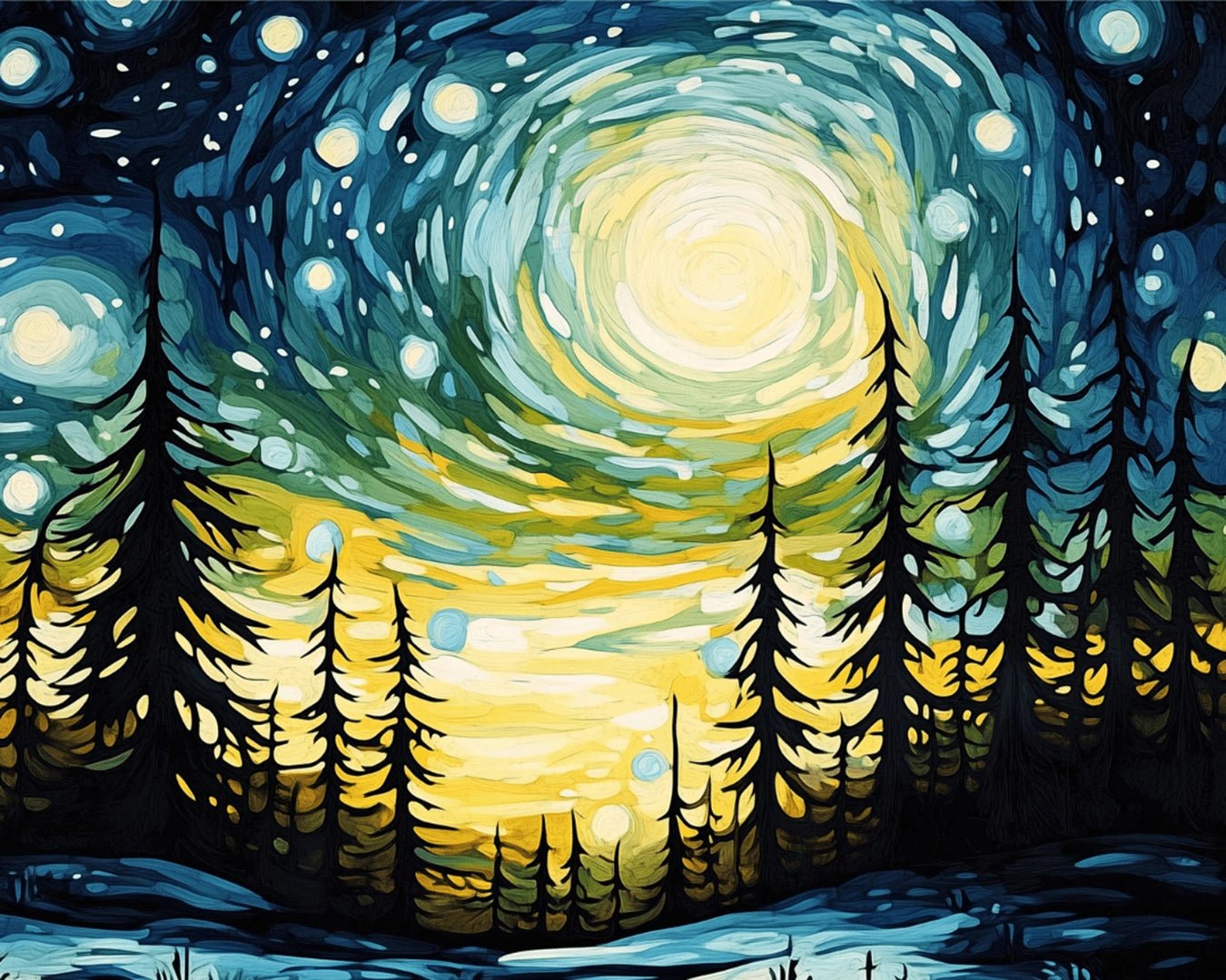 Raw landscape of Winter Night paint by numbers kit showing bright moon swirl, starry sky, and forest silhouettes