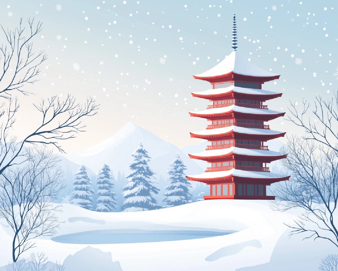 Architecture paint by numbers kit canvas painting featuring a snow-covered red pagoda in a calm winter landscape