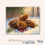 Clean artwork of Winter Pinecones paint by numbers kit featuring detailed pinecones, snow, and warm natural tones
