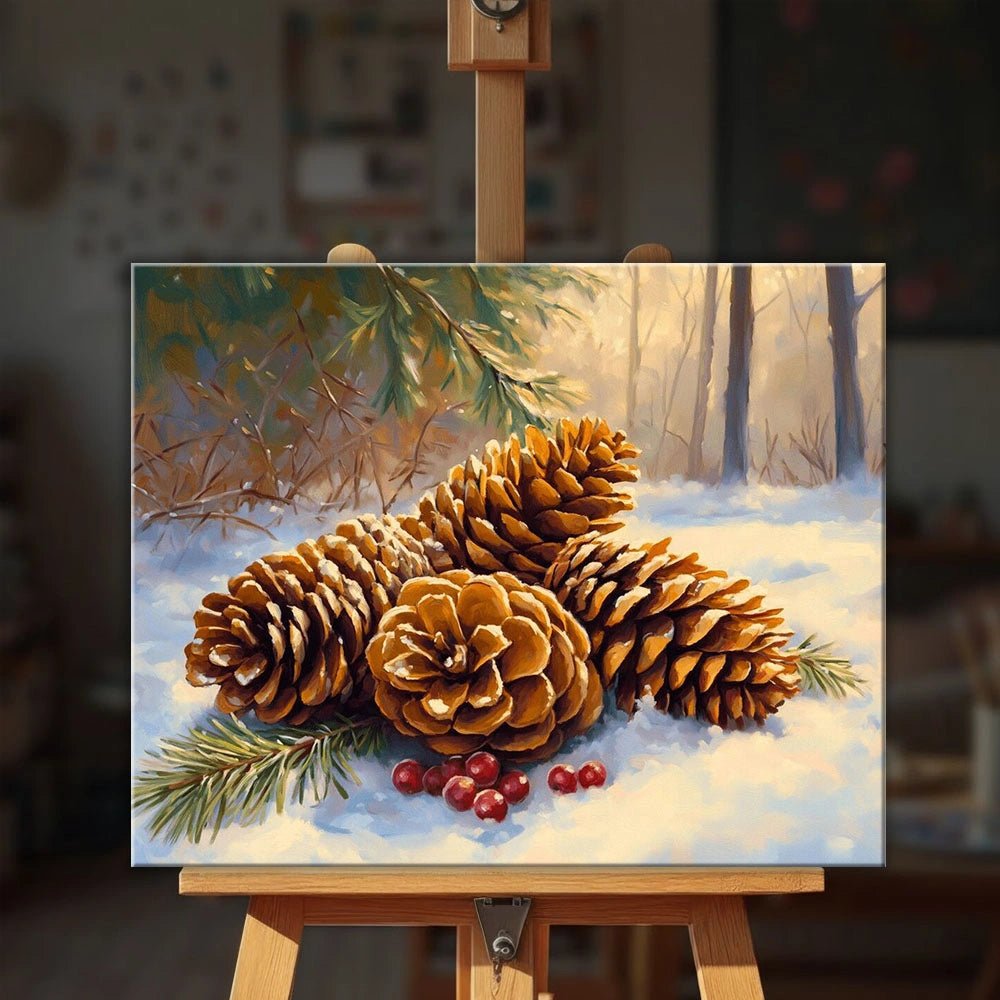 Winter Pinecones paint by numbers kit displayed on easel with cozy winter forest and rustic nature scene