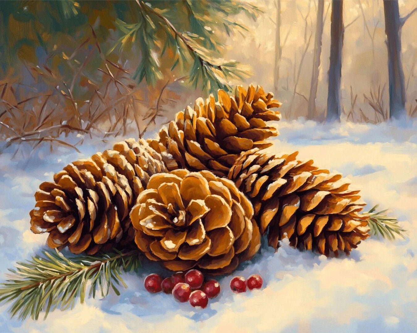 Raw landscape of Winter Pinecones paint by numbers kit showing pinecones, snow texture, and soft forest background