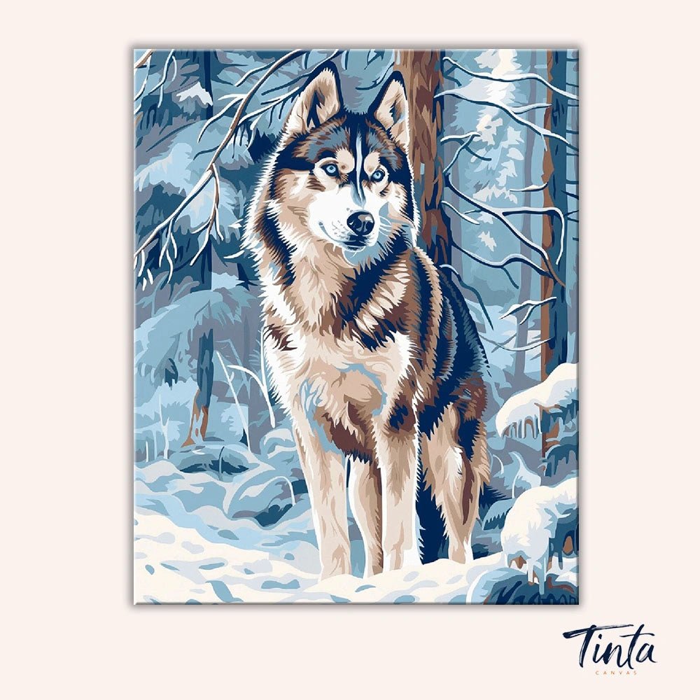 Clean artwork of Winter Sentinel Wolf paint by numbers kit showing detailed wolf standing in snowy woodland scene by Tinta Canvas