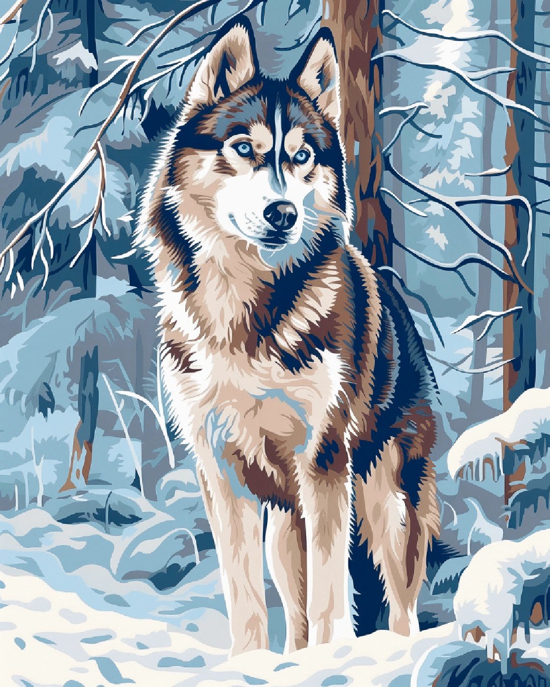 Paint by numbers canvas featuring a lone wolf in a snow-covered forest with cool winter tones