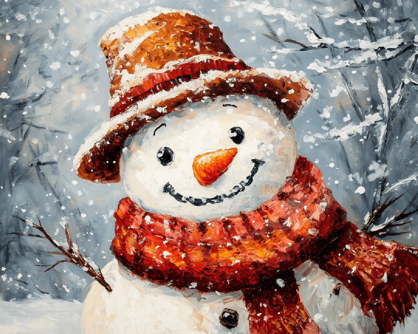 Winter paint by numbers kit canvas painting showing a cheerful snowman in a snowy forest scene