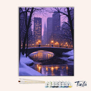 Clean artwork of Winter Village paint by numbers kit featuring warm lit cabins, snowy paths, and swirling sky