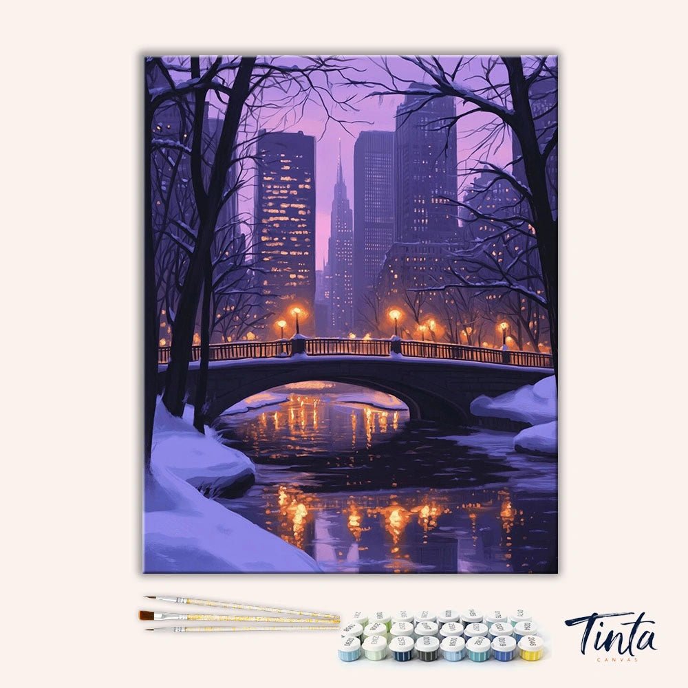 Clean artwork of Winter Village paint by numbers kit featuring warm lit cabins, snowy paths, and swirling sky