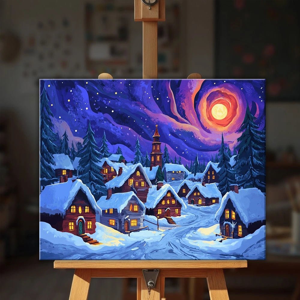 Winter Village paint by numbers kit displayed on easel with charming village and magical winter night scene
