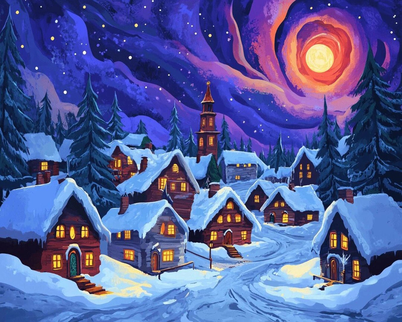 Raw landscape of Winter Village paint by numbers kit showing snow-covered homes, trees, and vibrant night sky