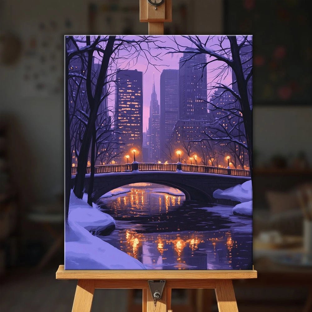 Winter Walks paint by numbers kit displayed on easel with peaceful winter city scene and warm street lights