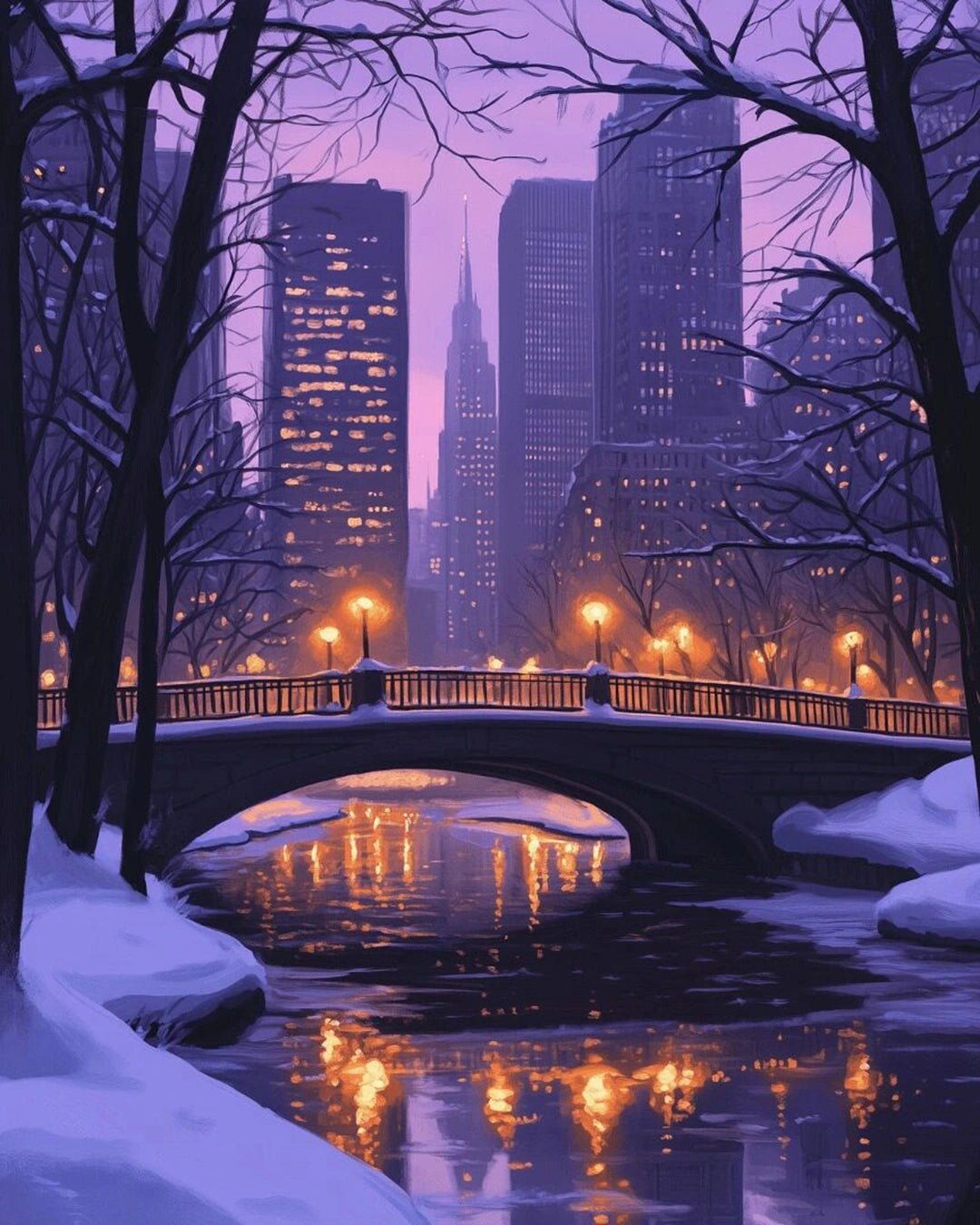 Raw landscape of Winter Walks paint by numbers kit showing bridge, reflections, snow, and illuminated skyline