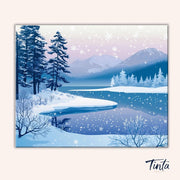 Clean artwork of Winter Whisper Lake paint by numbers kit showing peaceful winter lake with mountains and falling snow by Tinta Canvas