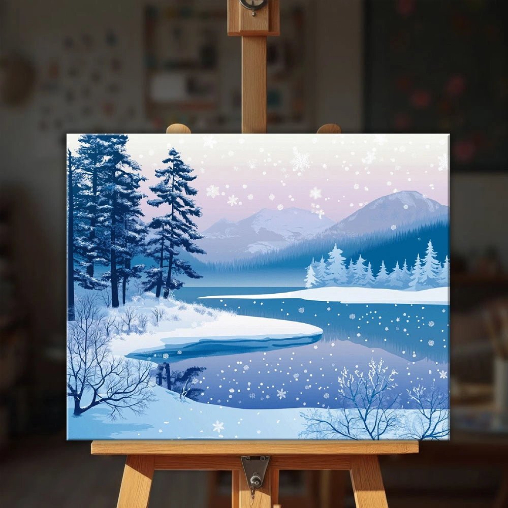 Winter Whisper Lake paint by numbers kit displayed on easel in cozy interior setting with winter landscape artwork by Tinta Canvas