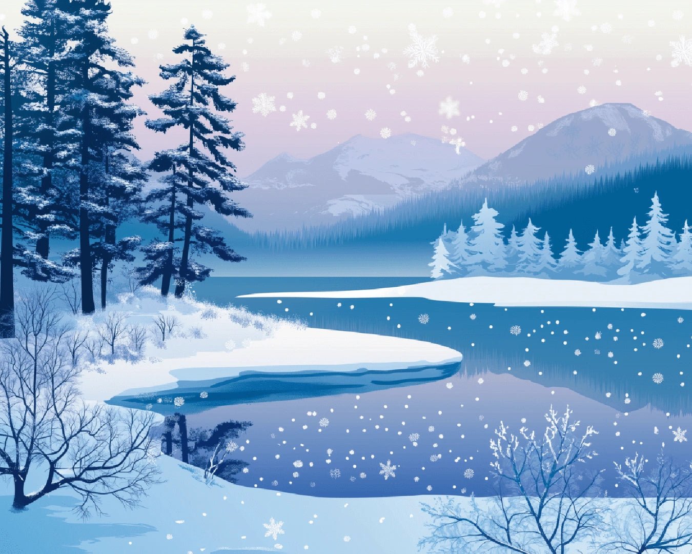 Paint by numbers canvas featuring a frozen winter lake surrounded by snow-covered trees and soft falling snow