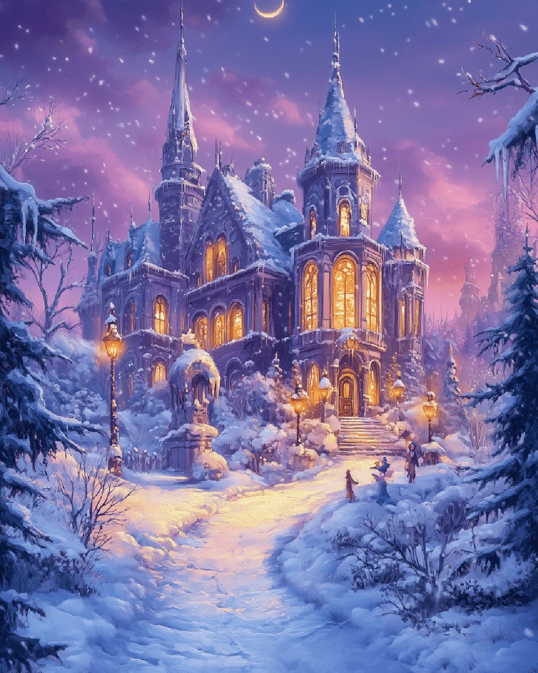 Snowy castle paint by numbers canvas with illuminated windows, falling snow, winter forest, and a magical twilight sky