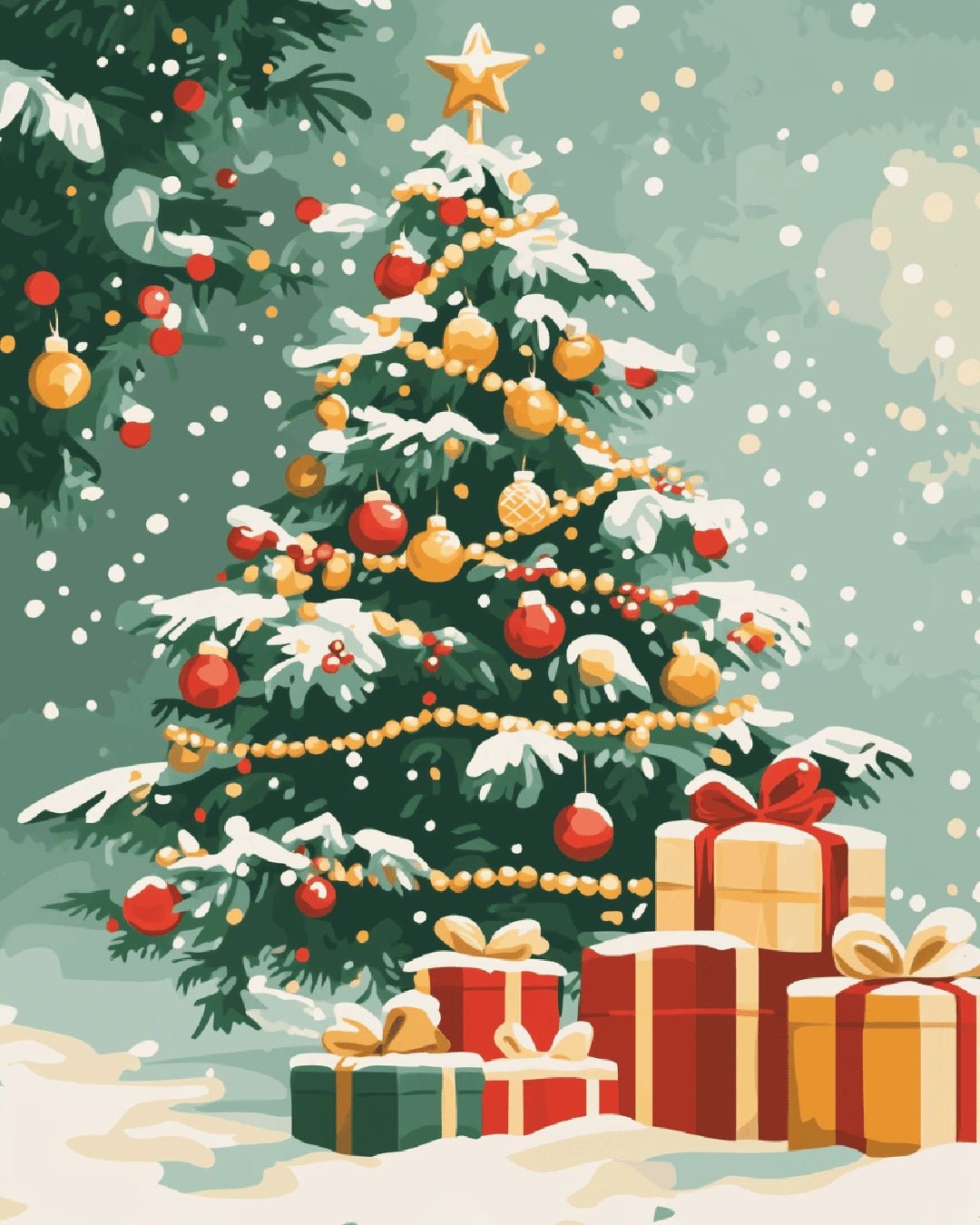 Holiday paint by numbers kit canvas painting featuring a snow-covered Christmas tree with wrapped presents