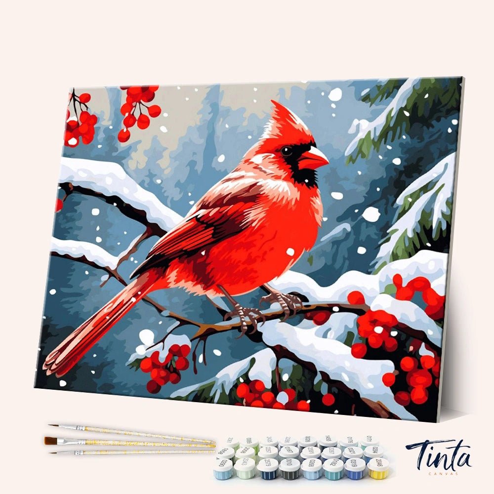 Winter’s Perch paint by numbers kit angled view showing red cardinal on snowy branch with bright berries