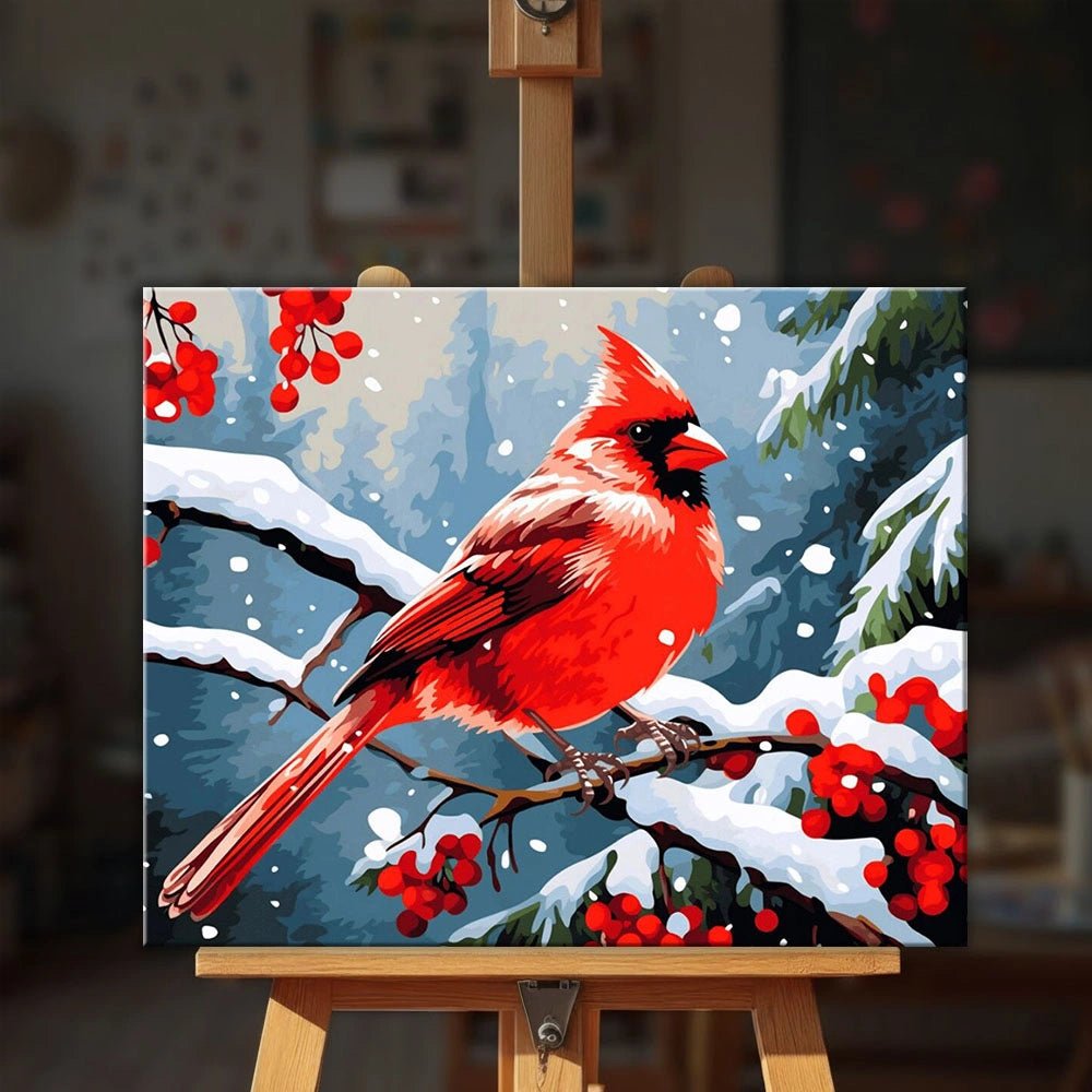 Winter’s Perch paint by numbers kit displayed on easel with vibrant bird and snowy nature scene