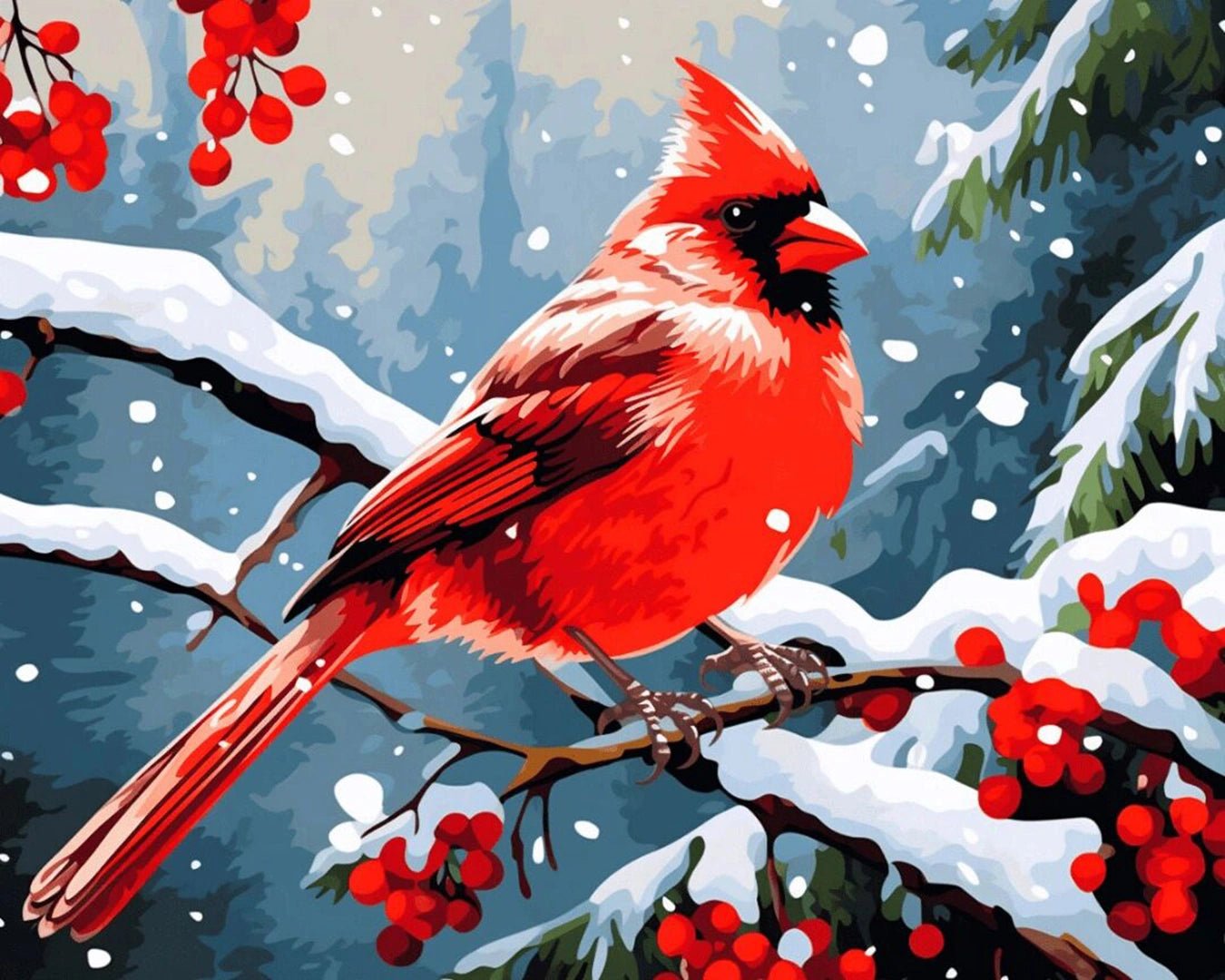 Raw landscape of Winter’s Perch paint by numbers kit showing cardinal, snow-covered branches, and red berries