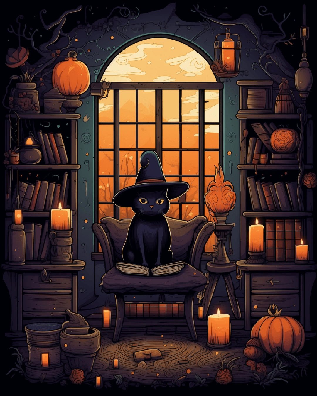 Paint by numbers canvas featuring a black cat wearing a witch hat surrounded by books and candles
