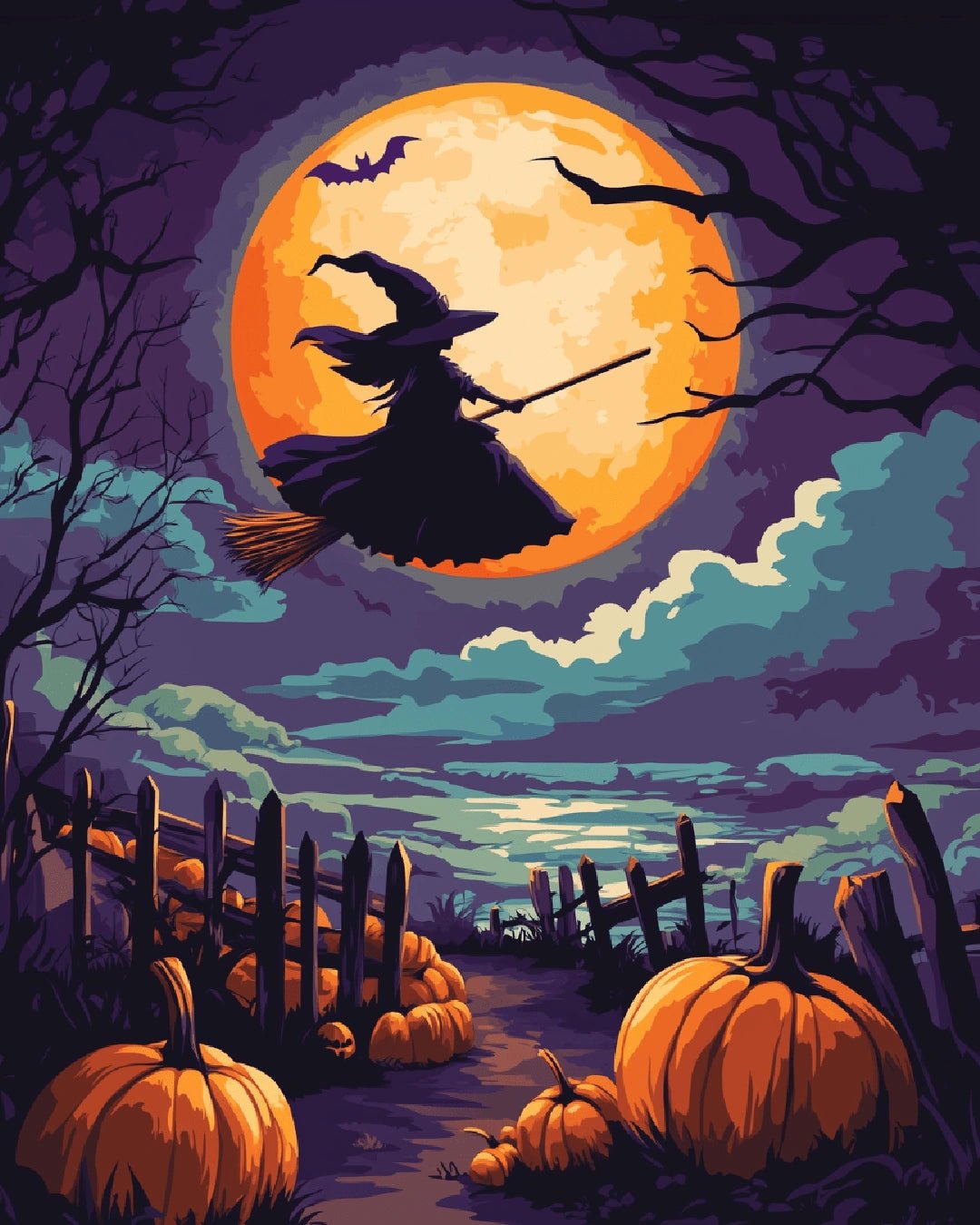 Witch paint by numbers kit canvas painting showing a flying witch silhouette against a full moon and autumn scene