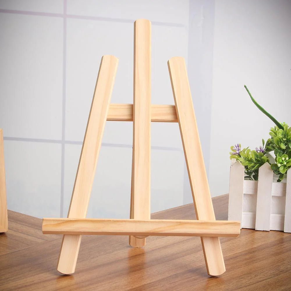 Wooden tabletop easel for painting holding canvas at an angle for acrylic painting, sketching, and art display