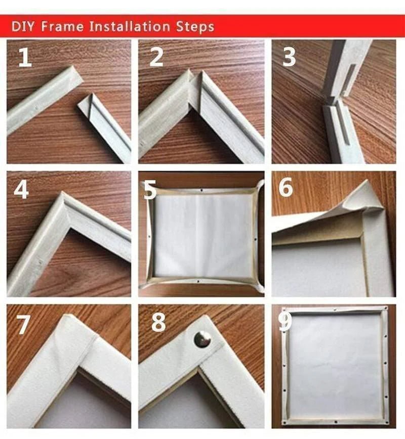 Step-by-step guide to installing a DIY picture frame on a wooden surface.