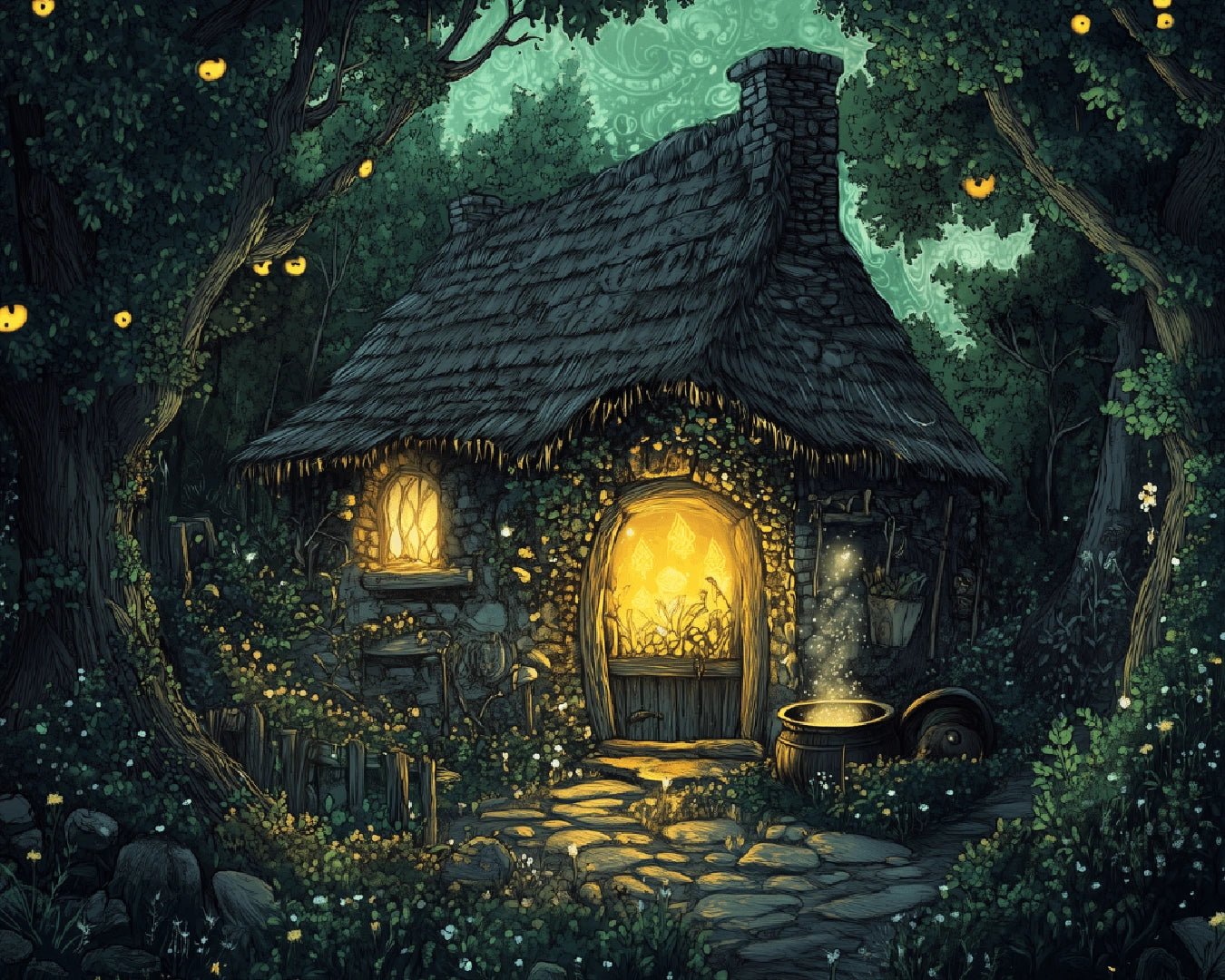 Fantasy paint by numbers kit canvas painting showing a cozy forest cottage at night with warm light