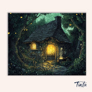 Clean artwork of the Woodland Haven paint by numbers kit featuring a lantern lit cottage surrounded by woodland trees by Tinta Canvas