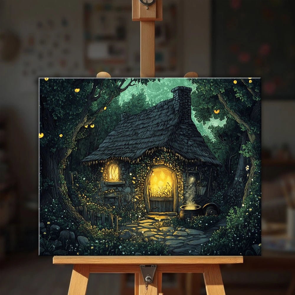 Woodland Haven paint by numbers kit displayed on an easel showing a fairy tale forest cottage glowing warmly at night by Tinta Canvas