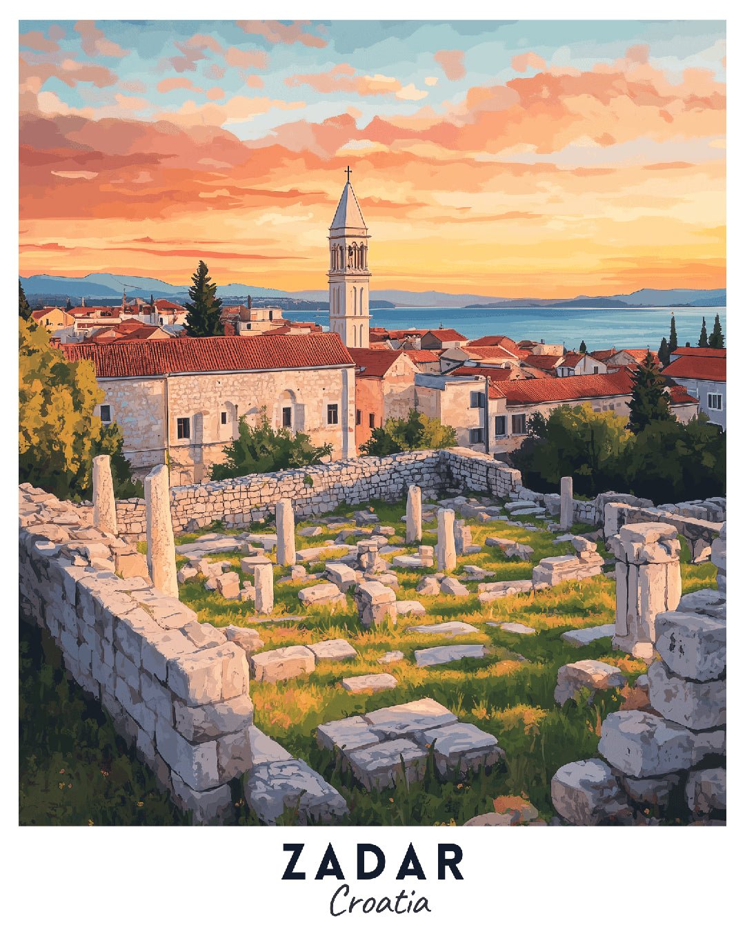 Zadar Croatia paint by numbers canvas showing ancient stone ruins, old town rooftops, and Adriatic sunset