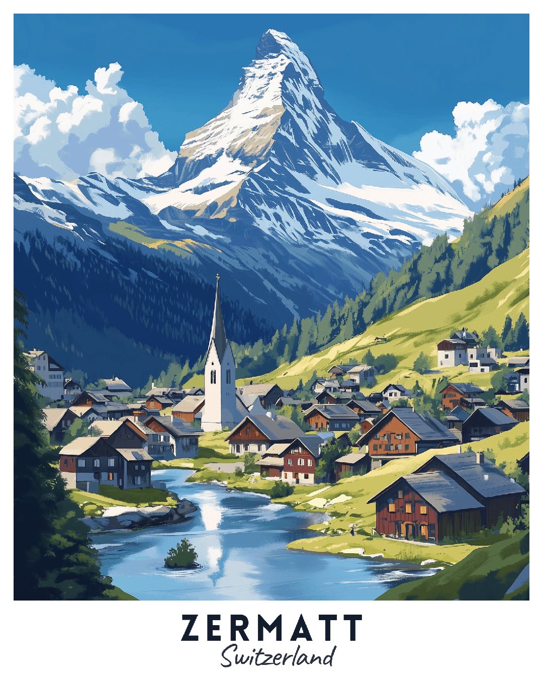 Zermatt Switzerland paint by numbers canvas showing the Matterhorn mountain, wooden chalets, green hills, and flowing river